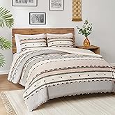 Hyde Lane Boho Queen Comforter Set, Modern Farmhouse Full Size Bedding, Cotton Top with Neutral Rustic Clipped Jacquard Stripes, Tufted Bed Sets, 3-Pieces Including Matching Pillow Shams (90" x 90")