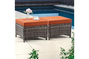 MeetLeisure Outdoor Ottomans for Patio Set of 2 PE Wicker Steel Frame Outdoor Footstool with Removable Olefin Cushions for Patio, Backyard and Deck, Orange