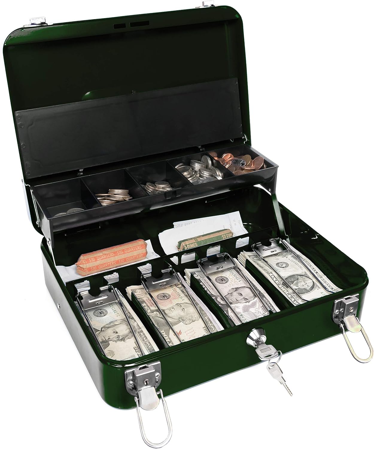 Certus Global Large Green Cash Box with Money Tray, Secure Lock, Cantilever Coin Tray 4 Bills/ 5 Coins (Green) : Office Products