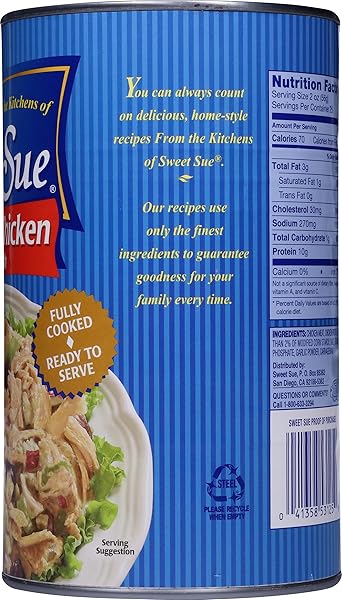 SWEET SUE BONELESS CHICKEN WITH BROTH, COOKED CANNED CHICKEN- 10G PROTEIN – GLUTEN FREE, KETO FRIENDLY – GREAT FOR FAMILY, FOOD SERVICE RESTAURANT, CAFETERIA- 50 OZ CAN (PACK OF 1)