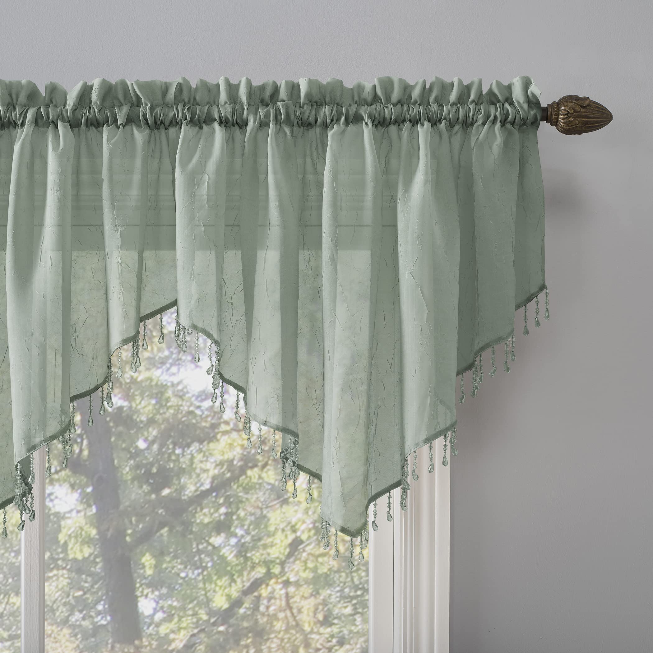 No. 918 Erica Crush Sheer Voile Ascot Curtain Valance, Mineral Green, 51" x 24"