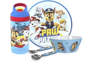 Zak Designs 5-Piece Dinnerware Set, Paw Patrol - Durable Plastic & Stainless Steel - Includes Water Bottle, 8-Inch Plate, 6-Inch Bowl, Fork & Spoon - Suitable for Kids Ages 3+