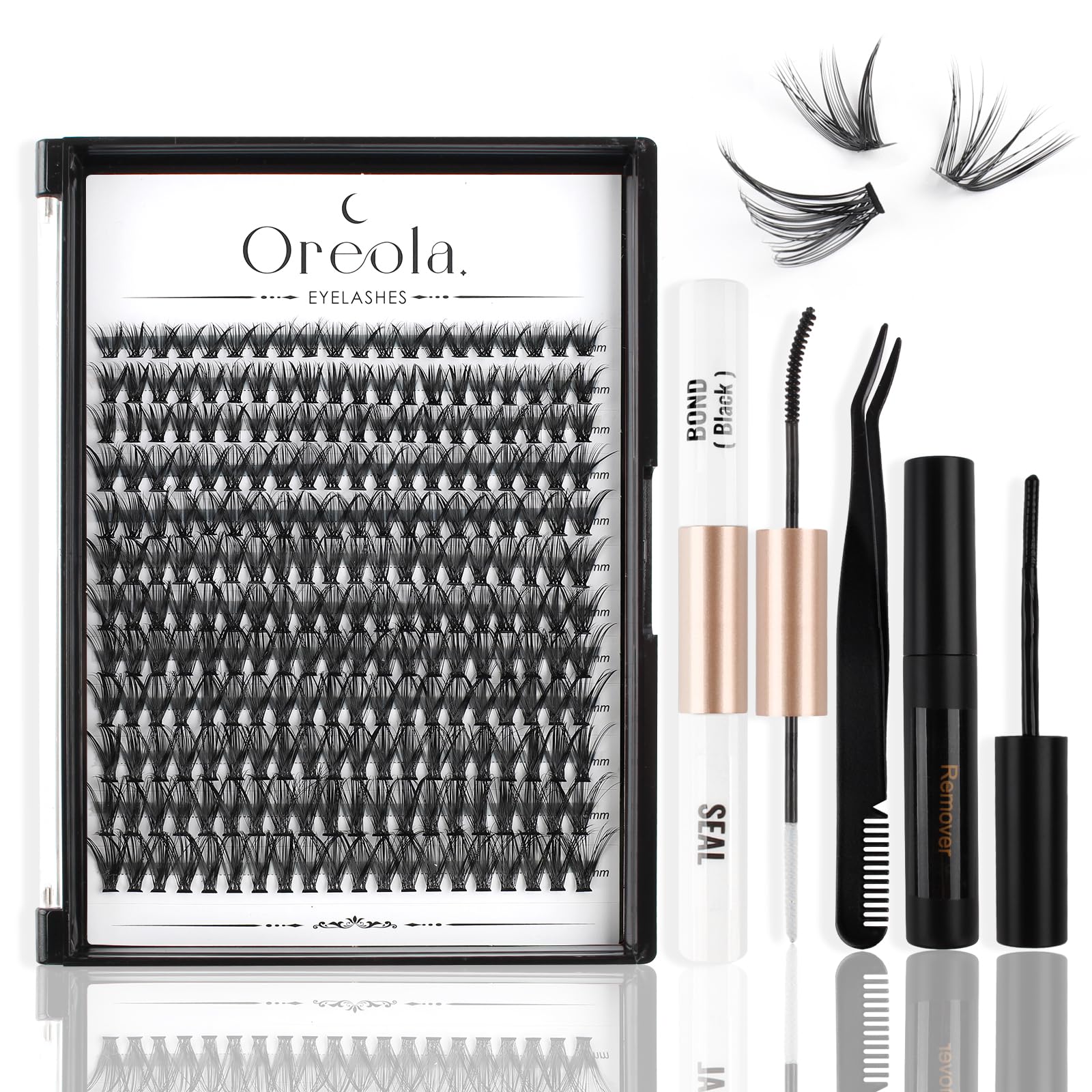 Oreola Individual Lashes with Bond and Seal, Lash Applicator and Remover for Beginner 240 Pieces Wispy Cluster Eyelash Extension Kit (40D, D Curl 9-16mm)