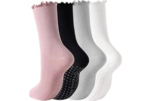 Yawlsow Pilates Grip Socks for Women, Ruffle Yoga Socks Non Slip, Cotton Crew Sports Socks for Barre, Dance, Hospital