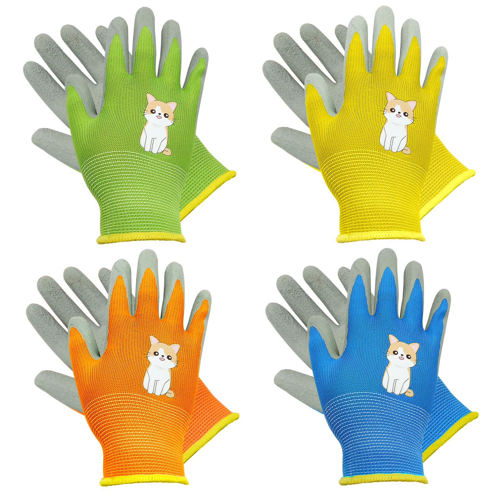 VEGCOO 4 Pairs Kids Gardening Gloves, Thickened Childrens Gardening Gloves Patterns Wear-resistant Non-slip for Boys Girls Camping, Gardening, Small Pet Raising (Cat, L, 7-10 years old)