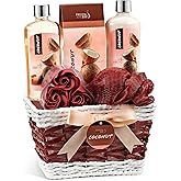 Coconut Spa Gift Basket Bath & Body Set with Shower Gel, Body Lotion, Bath Salts, Soap Flowers, Bath Sponge in a Wicker Basket (Pink & Brown Set) – Mother's Day Gift for Mom