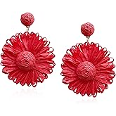Anmpab Daisy Rattan Earrings for Women Statement Boho Raffia Straw Wrapped Flower Drop Dangle Earrings Jewelry