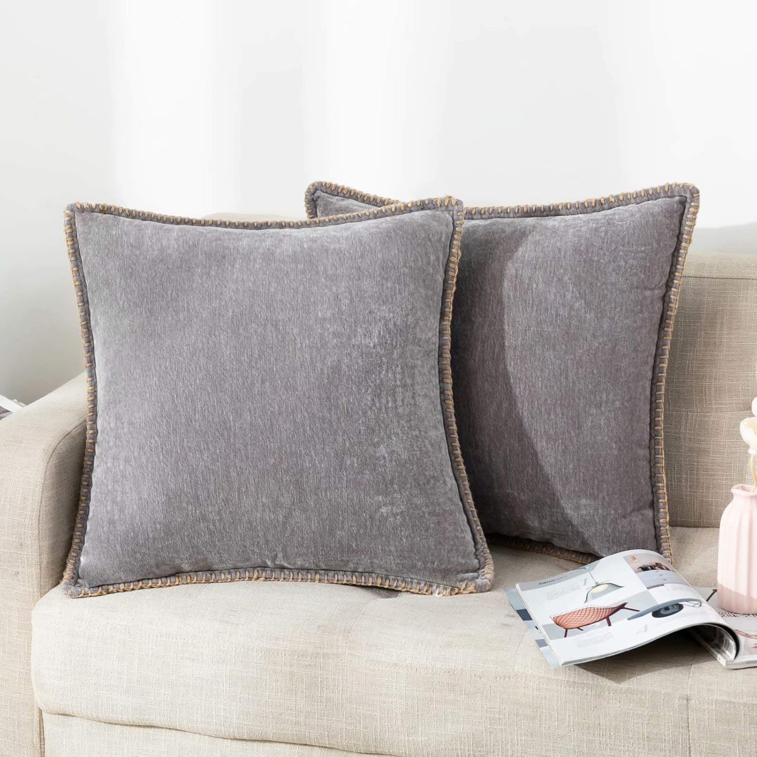 Farmhouse Decorative Throw Pillow Covers Set of 2 Trimmed