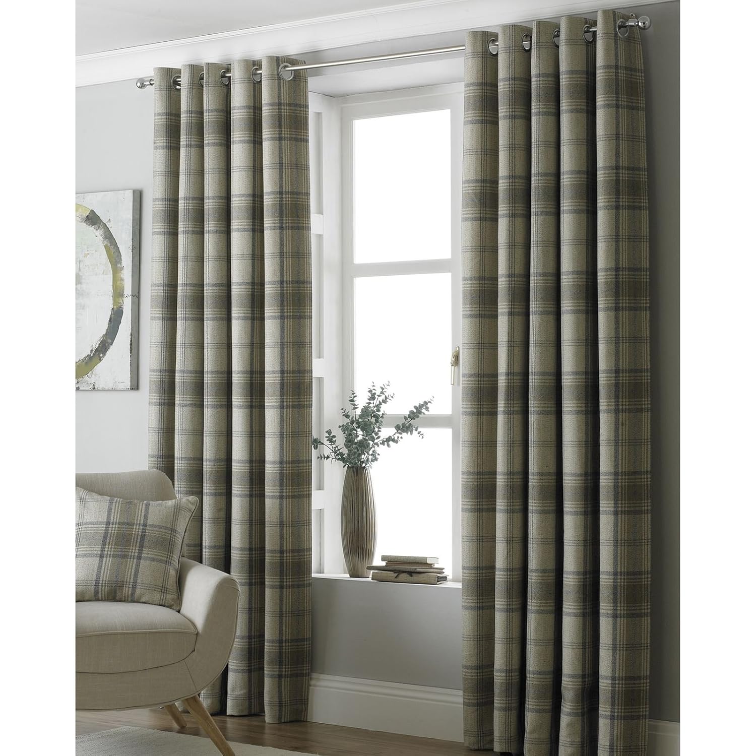 Paoletti Aviemore 90x72 Natural Tartan Tweed Eyelet Curtains