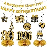 Kuxriox 11Pcs 30th Birthday Decorations Kit for Men Women, Black Gold Happy 30th Birthday Banner, Awesome Since 1996 Centerpieces Swirls Party Supplies, Thirty Bday Banner Ceiling Table Topper Sign