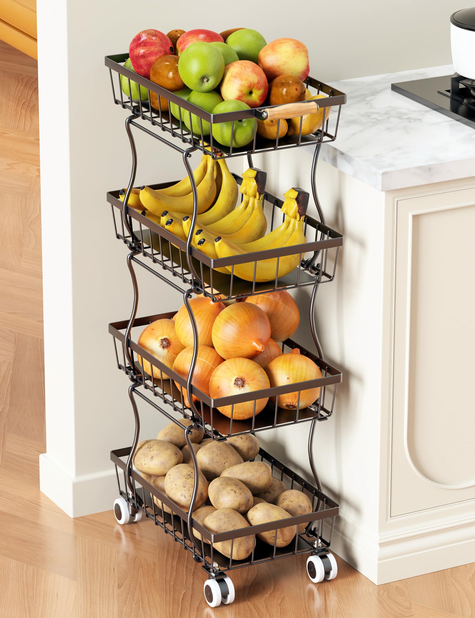 Photo 1 of OKZEST Fruit Basket, 4-Tier Small Kitchen Organizer and Storage Cart on Wheels, Rolling Pantry Snack Cart with Handle for Storing Fruit, Potato, Onion, Snacks, Vegetables, Bread, Produce