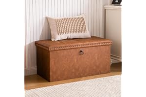 oakvivo 30 Inches Folding Storage Ottoman Bench, Ottoman PU Leather Tuffed End of Bed Bench, Foot Rest with Rivet Design, Ottoman with Storage, Load 330 lb, for Living Room, Bedroom, Entryway, Brown