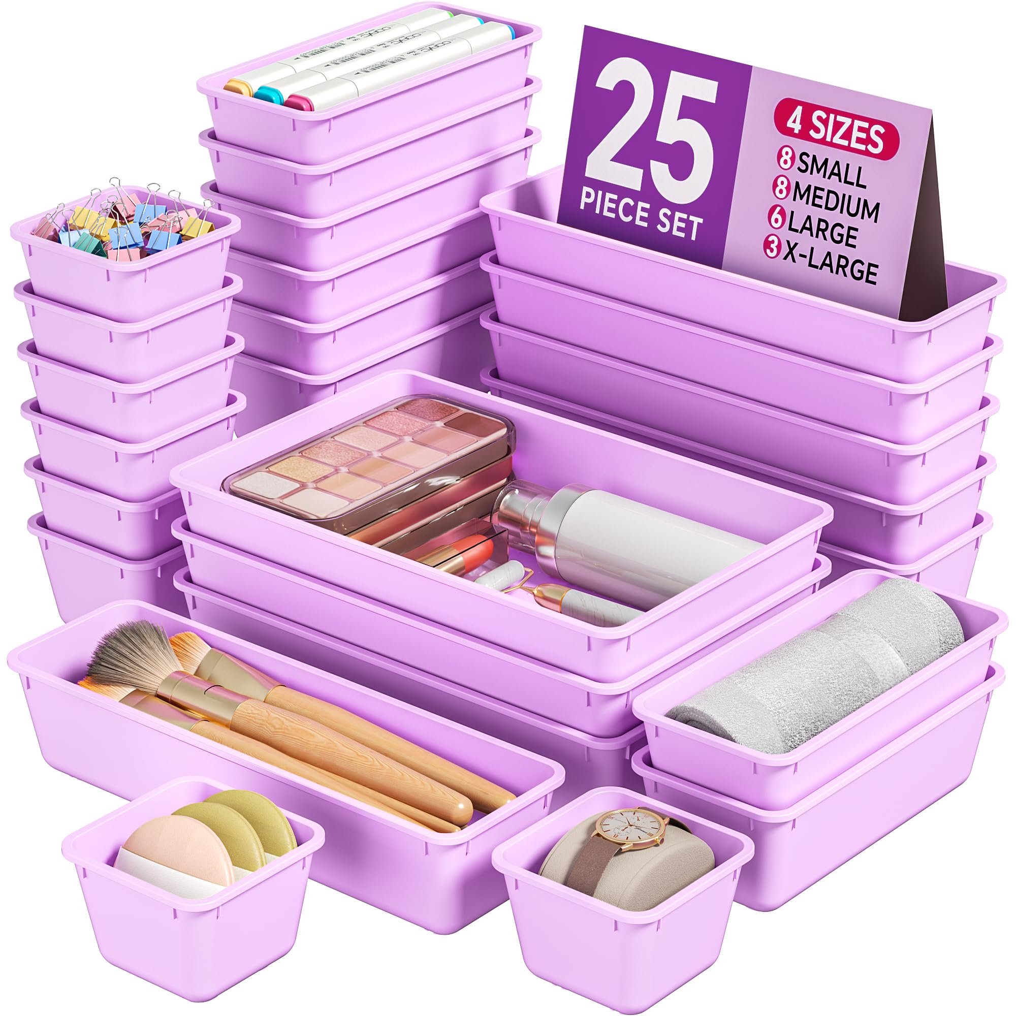 Photo 1 of KEMETHY 25 PCS Plastic Drawer Organizers Set, 4 Sizes Vanity Organizer, Makeup and Desk Drawer Organizer Trays, Organization and Storage for Makeup, Bathroom, Kitchen Utensils and Office (Purple)
