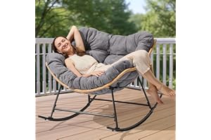 Halituny Outdoor Rocking Chair with Thick Cushion, Comfy Rattan Rocker Egg Chair Indoor with Straps, Patio Rocking Chair 450lbs for Garden, Balcony, Lawn, Backyard, Living Room, Bedroom, Dark Gray