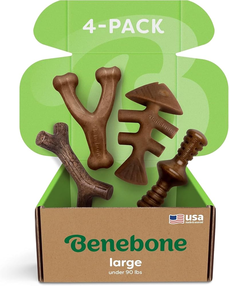 Benebone Four Pack Dog Chew Toys Wishbone Stick Zaggler Salmon Fishbone