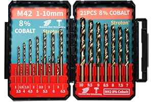 STROTON Metric M42 8% Cobalt Drill Bits Set for Stainless Steel and Hardened Steel (1-10mm/21PCS)