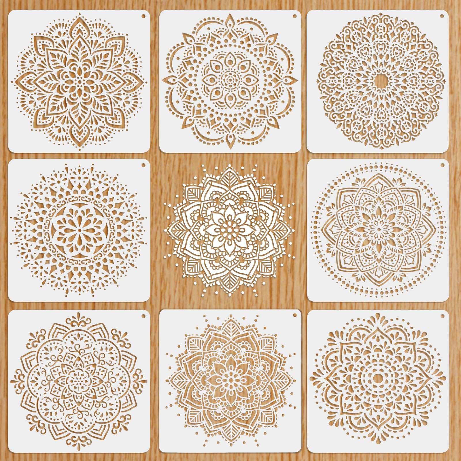 MWOOT STENCIL SET 8pcs, Large Mandala Templates for Painting, Reusable Floral Designs, Wall Tile Furniture Home Decoration