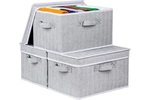Zilink Storage Bins for Shelf Decorative Storage Boxes with lids Stack-able Storage Baskets for Closet with Handles for Home Office Storage, Grey, Set of 3