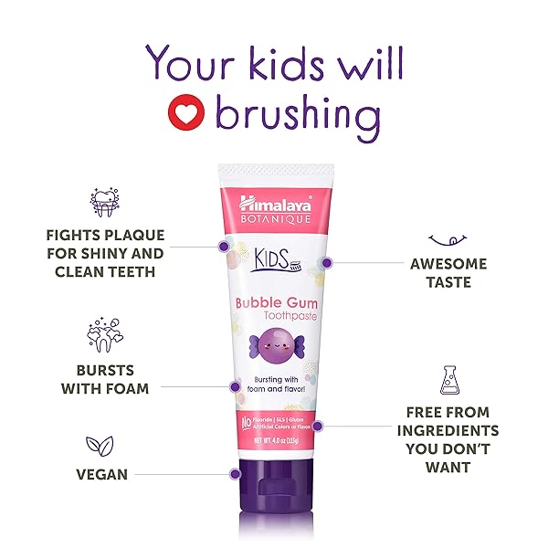 HIMALAYA BOTANIQUE KIDS TOOTHPASTE WITH XYLITOL, BUBBLE GUM FLAVOR – GENTLE FLUORIDE FREE TOOTHPASTE – VEGAN, GLUTEN FREE, SLS FREE, NO ARTIFICIAL FLAVORS OR COLORS, 4 OZ