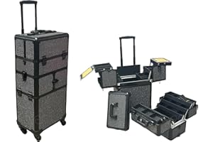 Sunrise i3464 Pro 4 Wheels 2 in 1 Makeup Rolling Cosmetic Train Case Organizer 12 Trays Roomy Space Krystal Black