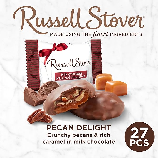 RUSSELL STOVER PECAN DELIGHT GUSSET BAG 16.10 OUNCE RUSSEL STOVER MILK CHOCOLATE COVERED CANDY PACK, CRUNCHY PECANS AND BUTTERY CARAMEL COVERED IN SWEET MILK CHOCOLATE CANDY, INDIVIDUALLY WRAPPED
