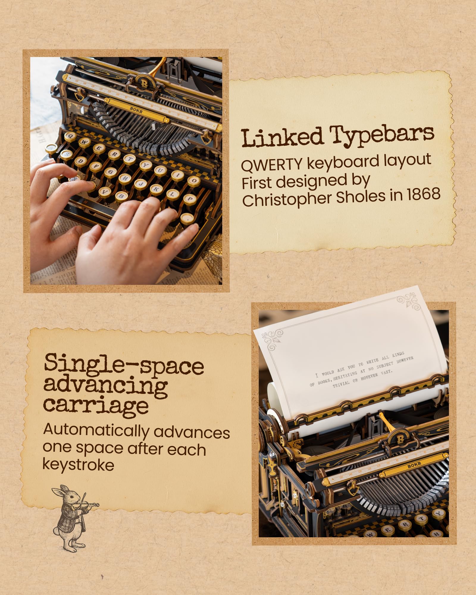 ROKR Typewriter Schreibmaschine 3D Holzpuzzle für Erwachsene, Schwarz-Gold Mechanischer Modellbausatz, Vintage 3D Puzzle Holz für Homeoffice-Deko, Retro DIY Geschenk für geduldige Bastler LK703B 3