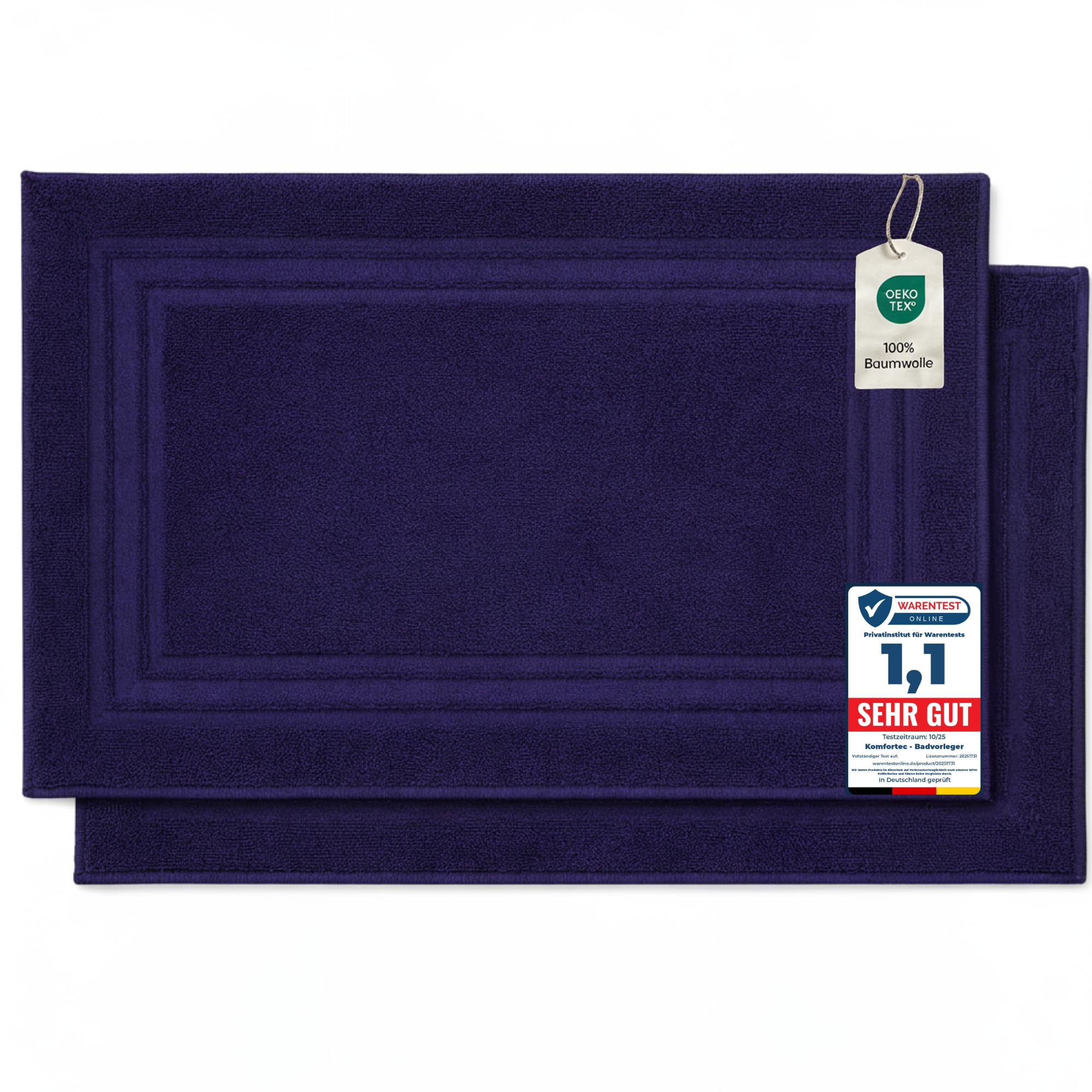 Komfortec Bath Mat Set, 2 Pieces, Terry Cloth Shower Mat, Washable Shower Mat & Bath Mat, 600 g/m² & 100% Cotton, Absorbent & Quick Drying, 50 x 70 cm, Navy Blue — image 1