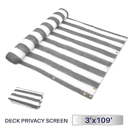 3 x 109, Grey/White Strips: Windscreen4less Deck Privacy Screen for Backyard, Patio, Balcony, Pool, Porch, Railiing, Gardening, Fence Shield Rails Protec