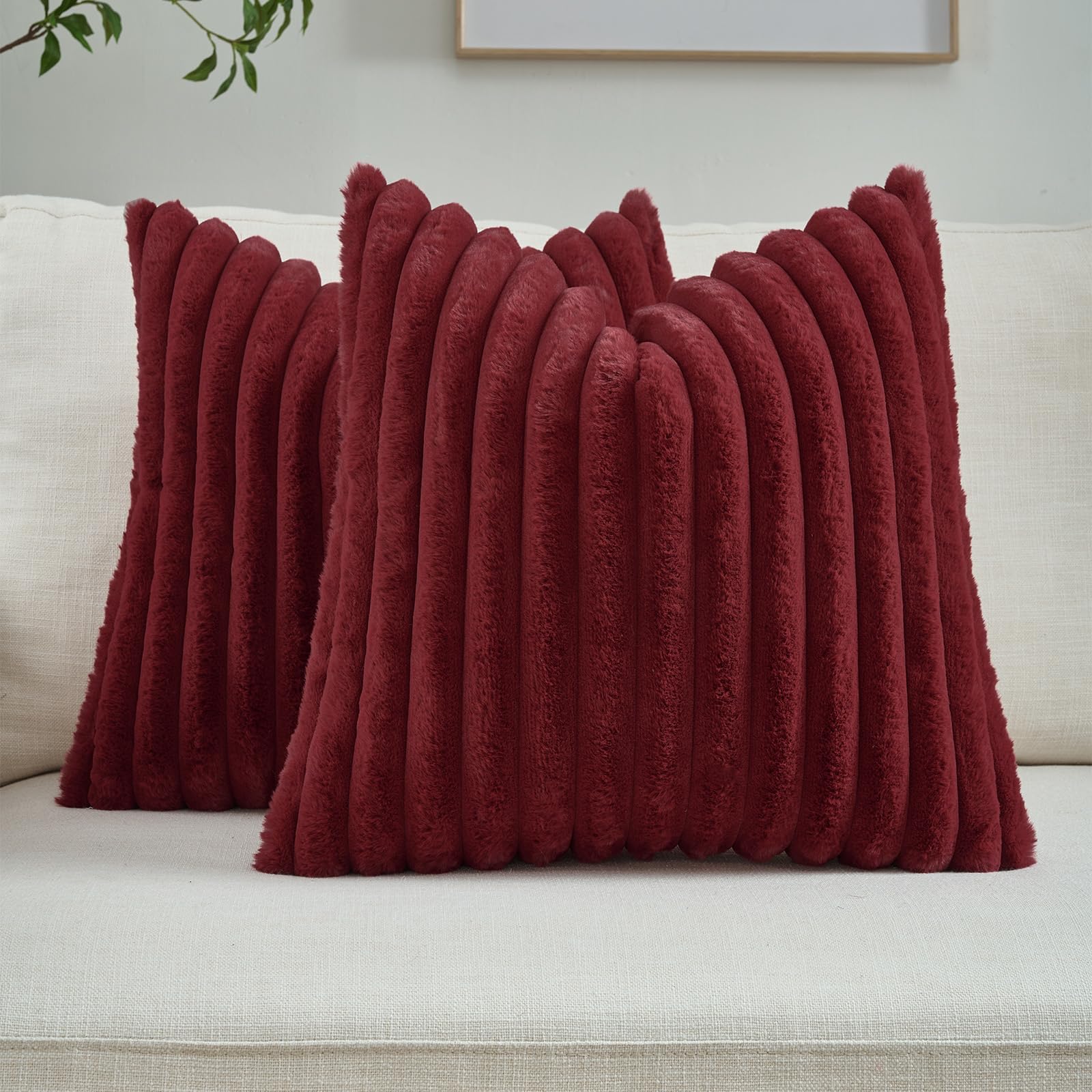 FUTEI Burgundy Throw Pillow Covers Set of 2, 28x28 Inch Soft Faux Rabbit Fur Striped Texture Euro Pillow Shams, Modern Decorative Couch Pillows for Living Room Bed Image