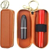 Bocasal Leather Lipstick Case Holder Chapstick Keychain Pouch, Zipper Lip Balm Lip Gloss Bag for Purse with Key Chain Elastic Band, Makeup Travel Organizer Cosmetic Storage Kit for Women Girls (Brown)