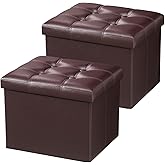 AmasSmile Storage Ottoman Folding Foot Rest Stool, Leather Footstool Bench, Short Ottoman Stool, Storage Foot Rest Store, Books (Brown-2pc, 17" D x 13" W x 13" H)
