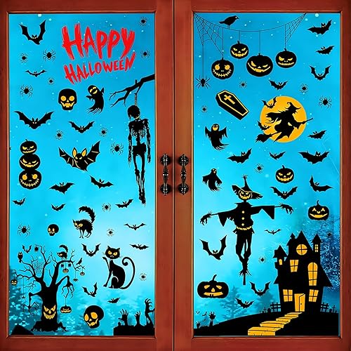 Halloween Window Stickers,105 Pcs Double Sided Reusable Cute Pumpkin and Skeleton Halloween Stickers,9 Sheet Halloween Window Clings for Halloween Party Decoration,Halloween Window Decorations