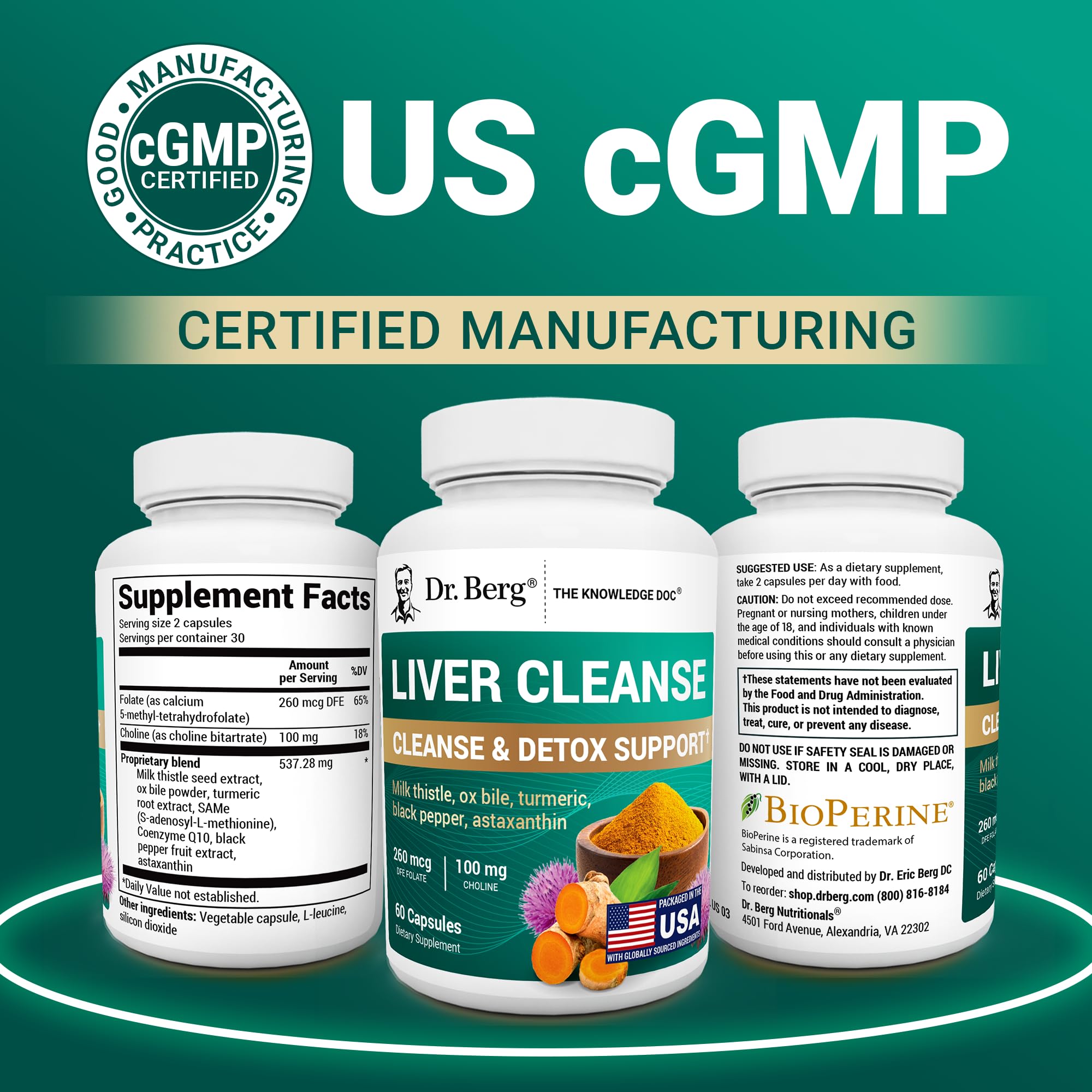 Dr. Berg Liver Cleanse Detox Capsules w/Unique Blend of Milk Thistle, Ox Bile & Folate - Liver Supplement Includes Turmeric, Black Pepper & Choline - 60 Capsules