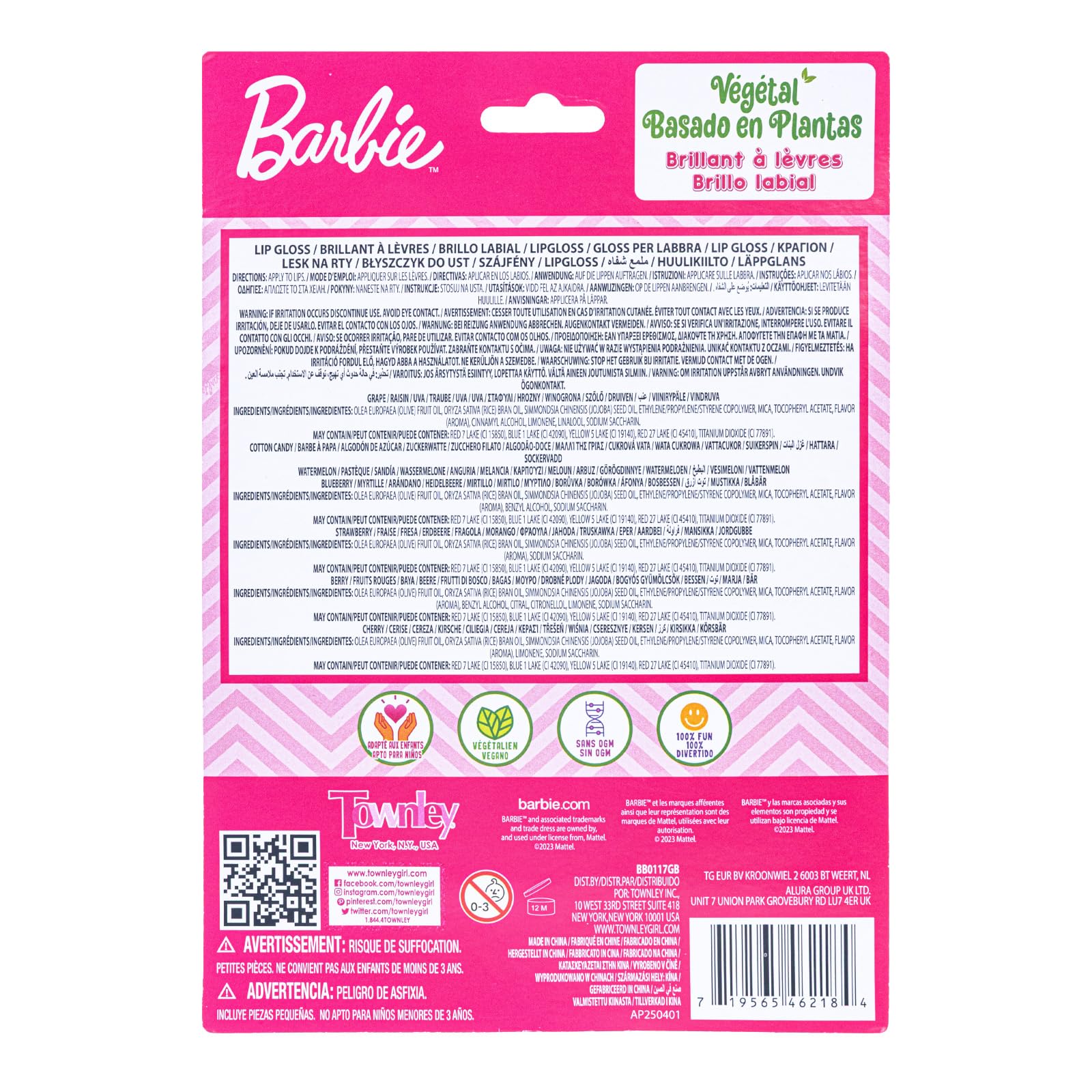 Barbie 7 Piece Plant Based Lip Gloss, Girls Party Favors, First Makeup Set for Girl, Perfect for Parties, Sleepovers, and Birthday Gifts, Ages 3+, by Townley Girl