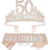 Hapdoo 50th Rose Gold Birthday Decorations, 50th Birthday Sash and Crown for Women, Happy 50 and Fabulous Tiara and Sash Set Party Decorations