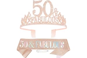 Hapdoo 50th Rose Gold Birthday Decorations, 50th Birthday Sash and Crown for Women, Happy 50 and Fabulous Tiara and Sash Set Party Decorations