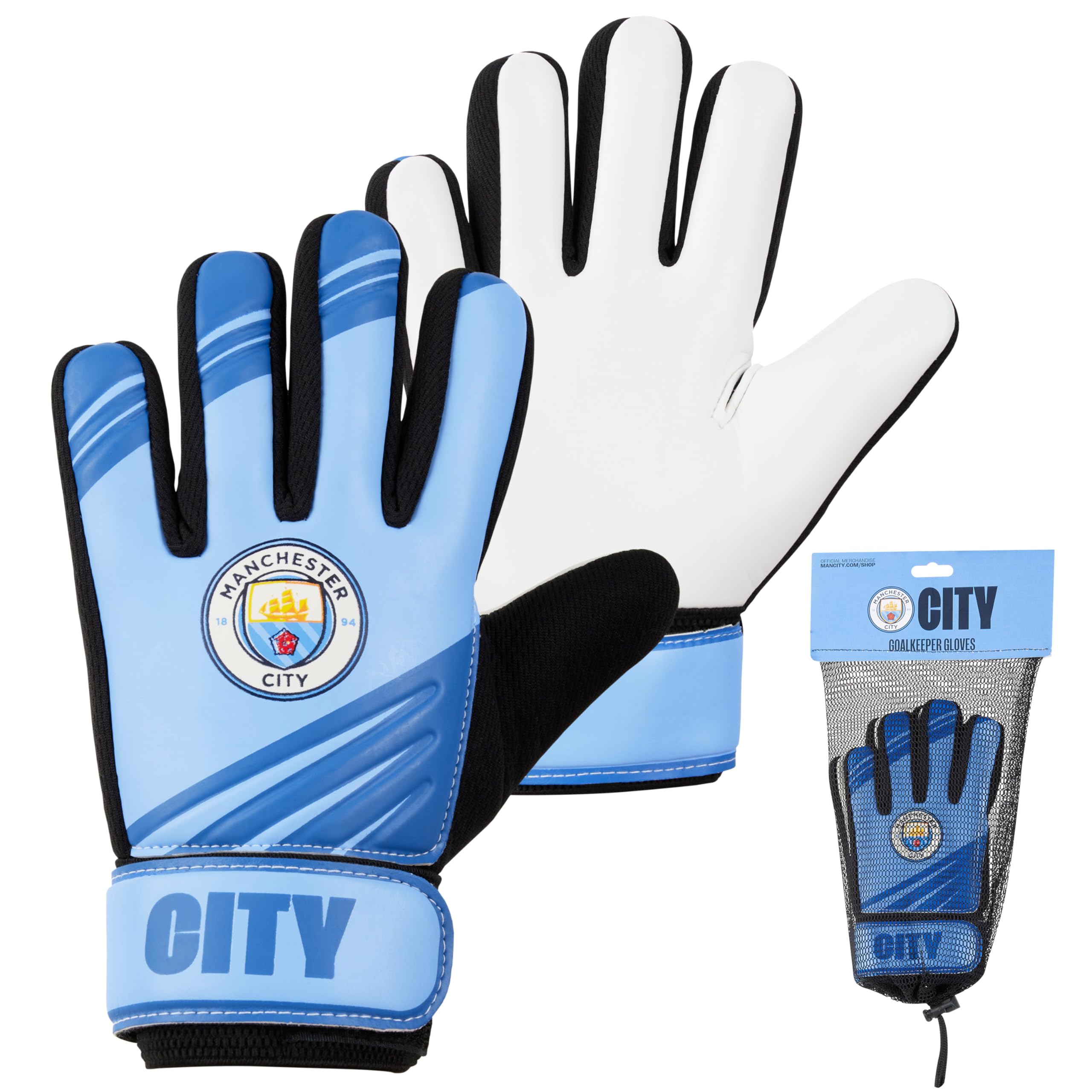 MANCHESTER CITY F.C. Goalkeeper Gloves for Kids Teenagers Non Slip Padded Palms Size 5 or 7 Man City Gifts for Boys (Size 7)