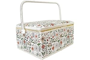 COMFECTO Large Empty Sewing Basket Box with Removable Tray for Mending Crafting and Storage, Green Garden