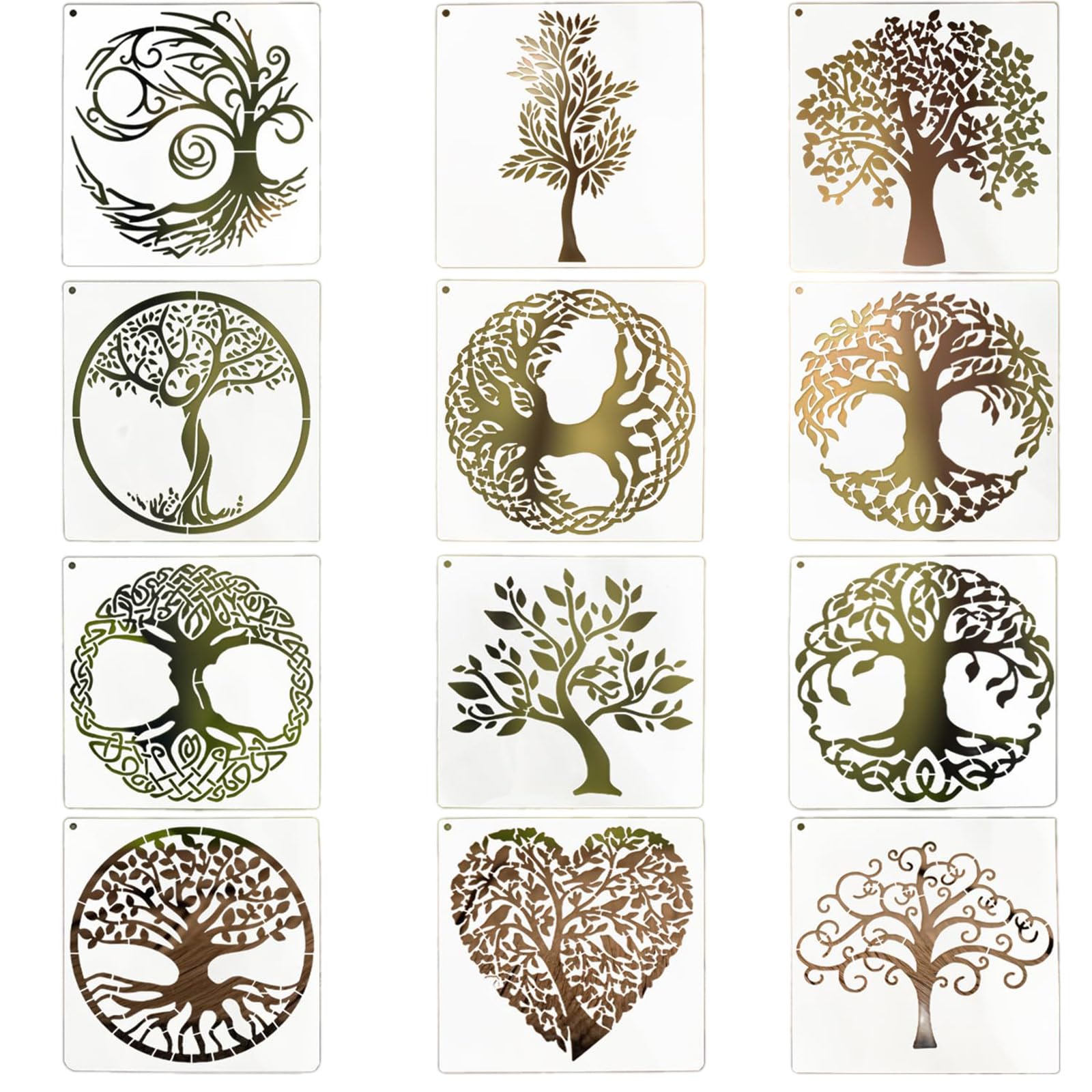 12 Pcs Stencils for Crafts Reusable Tree of Life Stencils for Painting with Round Ring Natural Plants Stencil for Painting DIY Art Crafts Scrapbook Wall Décor