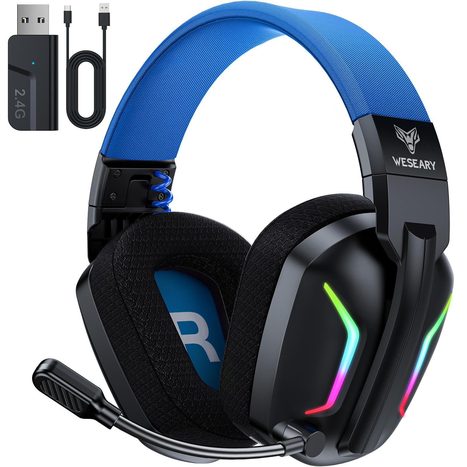 Photo 1 of WESEARY Wireless Gaming Headsets for PC, PS5, PS4, Switch, Mac, 2.4GHz Wireless Gaming Headphone with ENC Noise Canceling Microphone, Bluetooth 5.4, Cool Lighting, 50H Battery, 50mm Driver