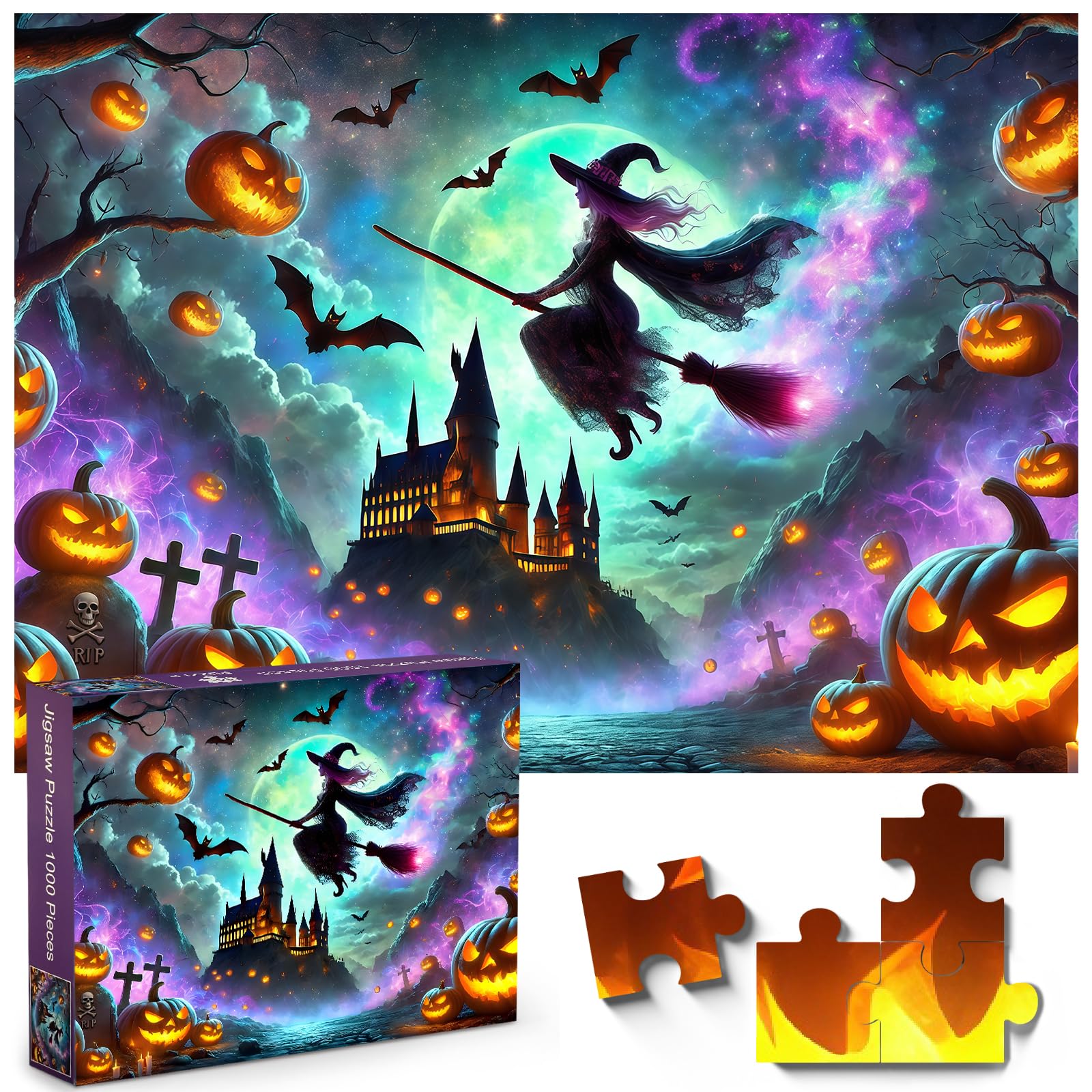Photo 1 of 1000 Pieces Jigsaw Puzzles for Adults, Halloween Witch Pumpkin 1000 Piece Challenging Educational Halloween Scene Jigsaw Puzzles Gift for Puzzle Lovers, Family, Friend, 28 x 20 Inches