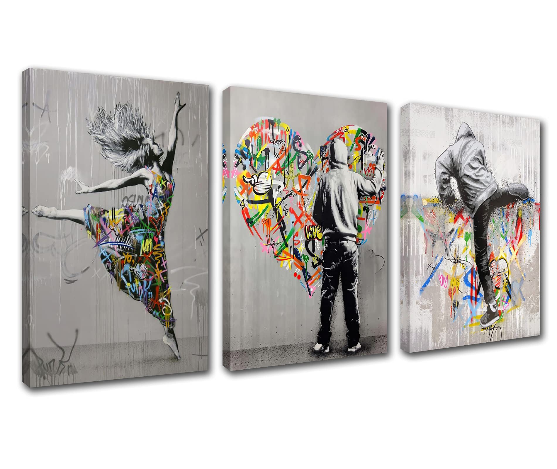 Graffiti Street Wall Art Banksy Art Paintings Dancing Girl Pictures Love Word Artwork for Living Room 3 Panels Red Print on Canvas House Decor Framed Gallery-Wrapped Ready to Hang(48''W x 24''H)