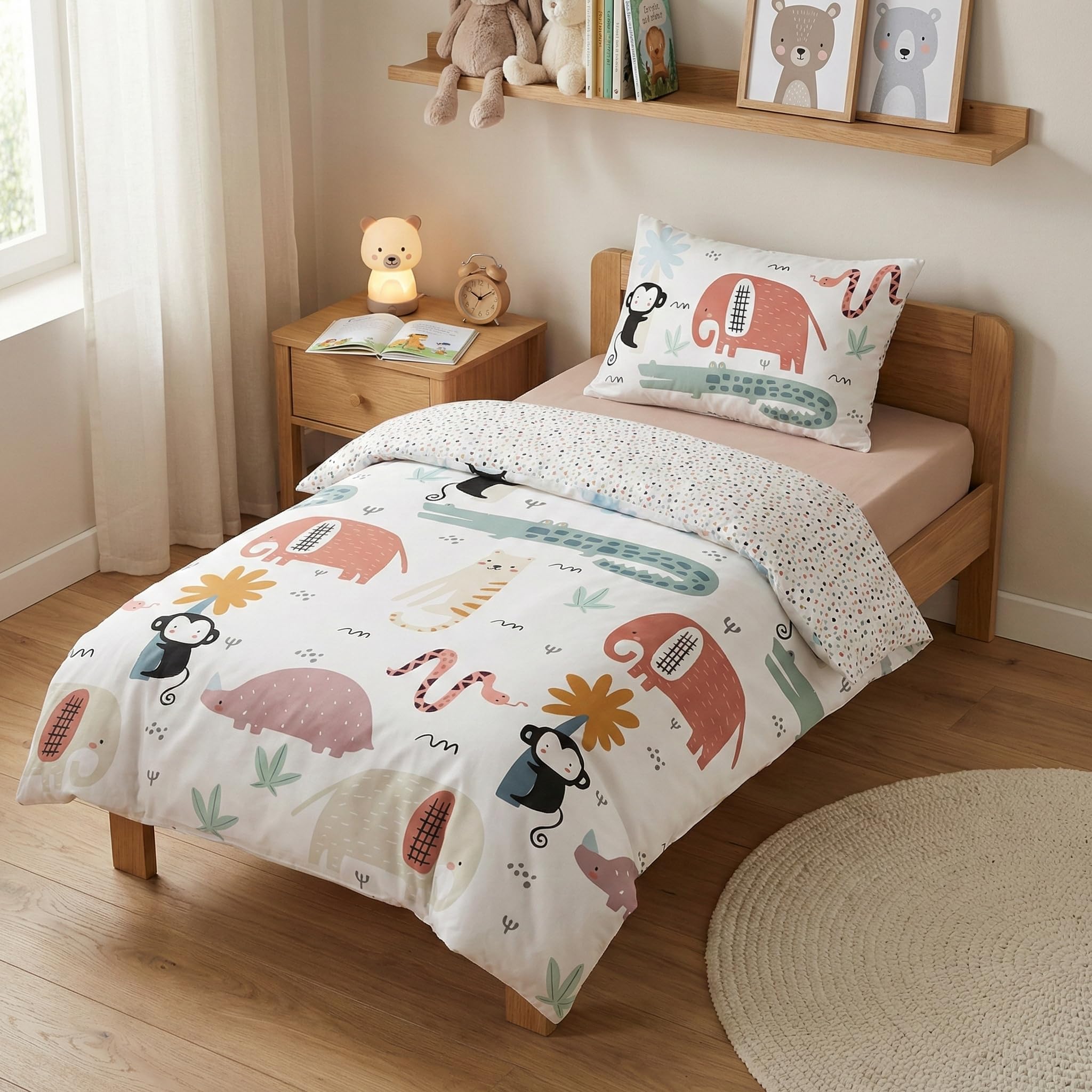 Aymax Toddler Bedding Set Animals Reversible Baby Duvet Cover 100 x 135 cm Pillowcase 40 x 60 cm Cotton with Elephants, Crocodiles, Monkeys ...
