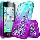 NZNDCase for iPhone 5C with Screen Protector (HD Clear), Ring Holder/Wrist Strap, Sparkle Glitter Flowing Liquid Floating Waterfall Shiny Bling Girls Kids Women Cute Case -Aqua/Purple