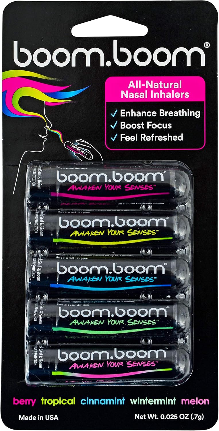Aromatherapy Nasal Inhaler (5 Pack) by BoomBoom | Boosts Focus + Enhances Breathing | Provides Fresh Cooling Sensation | Made with Essential Oils + Menthol (All 5 Flavors)