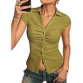 Kate Kasin Women Button Down Textured Blouse, V-Neck Ruched Tops with Y2K Collar, Slim Fit Cap Sleeve Going Out Casual Shirt
