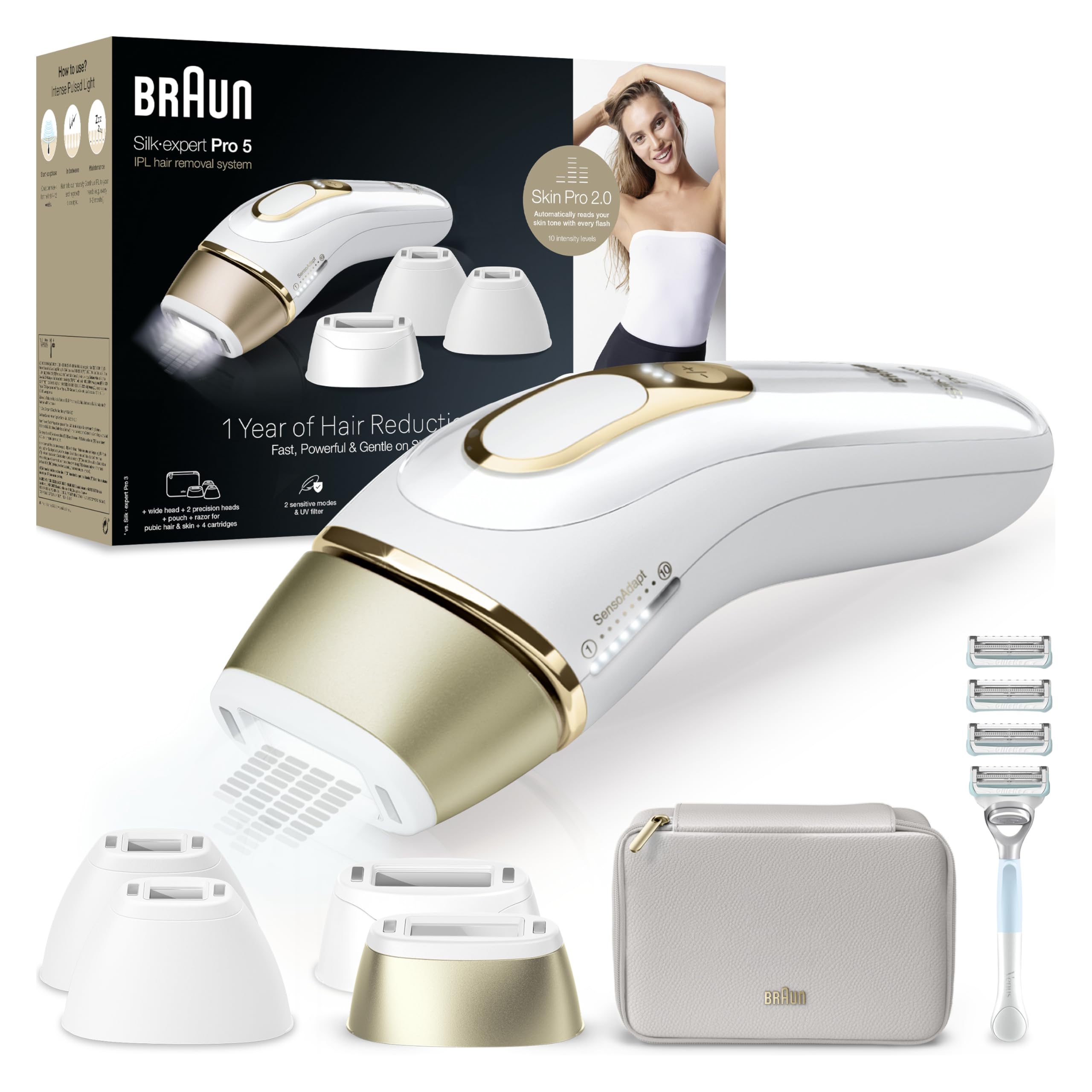 Braun IPL Silk·expert Pro 5 – IPL Geräte Haarentfernung, dauerhaft und schmerzfrei Haarentfernung für Zuhause – Etui mit Gillette Venus Rasierer, 4 Aufsätze, Designed In Germany – PL5358, Weiß/Gold