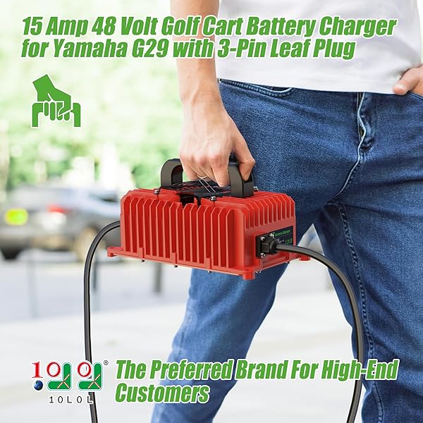 10L0L 15 AMP 48 VOLT GOLF CART BATTERY CHARGER FOR YAMAHA G29 DRIVE & DRIVE 2 WITH 3-PIN LEAF PLUG, IP67 WATERPROOF SMART GOLF CART BATTERY CHARGER – RED