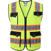 JKSafety Safety Vest for Men Women Hi Vis Reflective Vest JK220 Yellow L | ANSI Class 2, 5 utility Pockets 4 Reflective Strips High Visibility Mesh Fabric Construction Safety Apparel Neon for Work