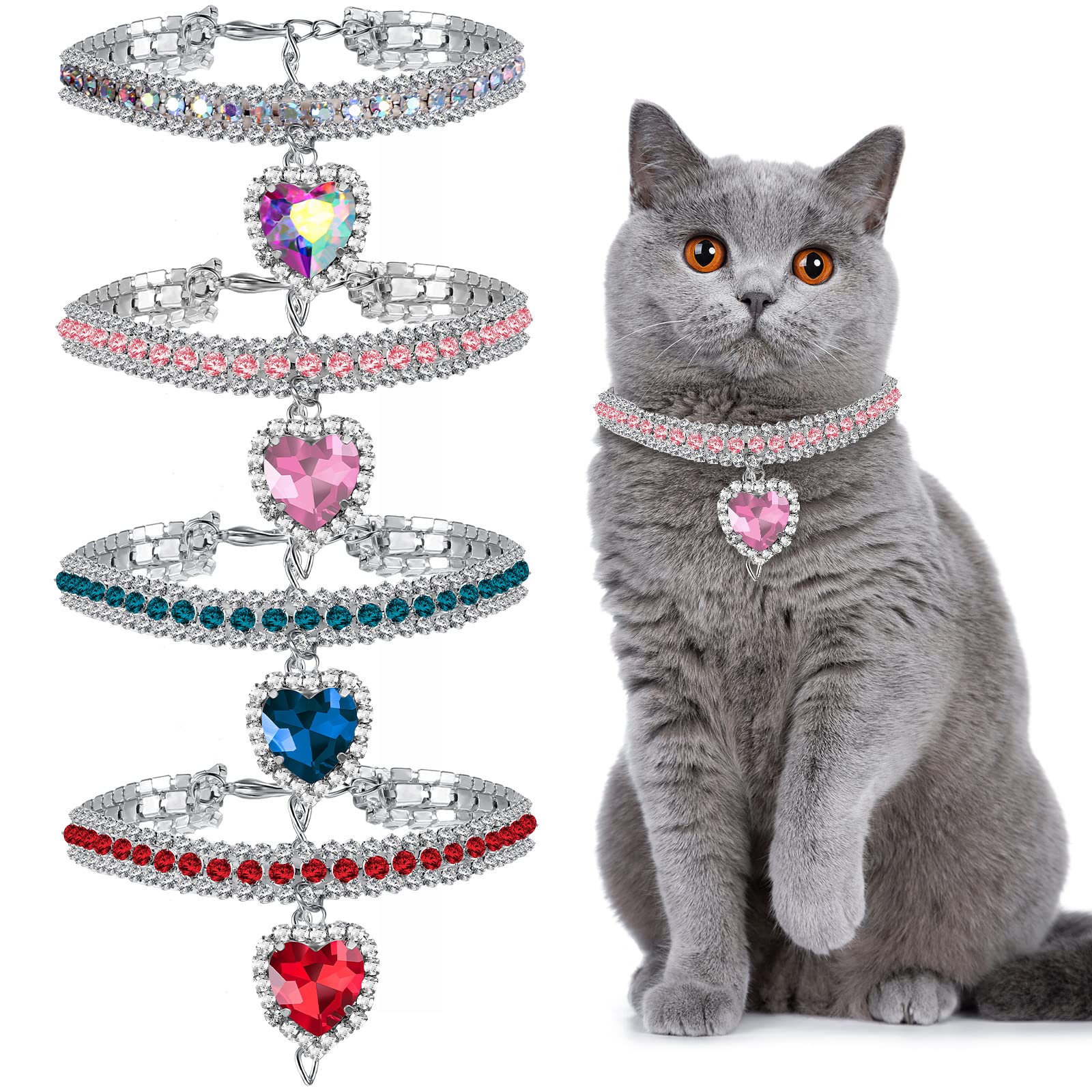Photo 1 of 4 Pieces Rhinestone Cat Collar Heart Bling Breakaway Cat Collar Adjustable Small Dog Accessories Soft Velvet Kitten Decor with Rhinestone Love Heart for Pet Party Dress Decor (7.9-9.8 Inch)